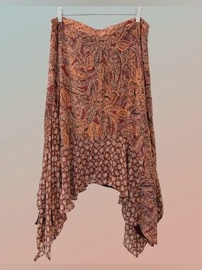 Sundance Paisley Handkerchief Hem Skirt in Rust & Peach, Silk, Lightweight, Sz 6